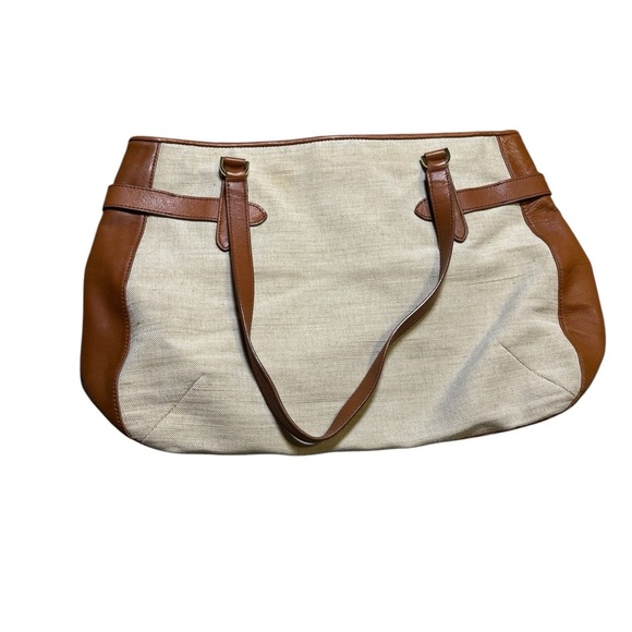 👜 Talbots Tan Cream Leather Canvas Tote Shoulder‎ Bag OS Classic 👜 - Picture 1 of 4